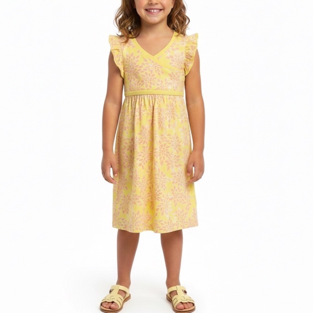 NEW‎ TEA COLLECTION Flutter Sleeve Faux Wrap Midi Dress Girls Size 7 Yellow Pink
